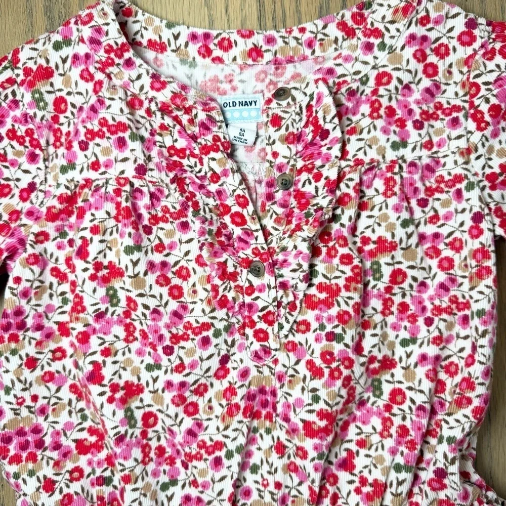 Old Navy Girls Corduroy Floral Red, Pink and White Dress with Ruffled Chest 5T